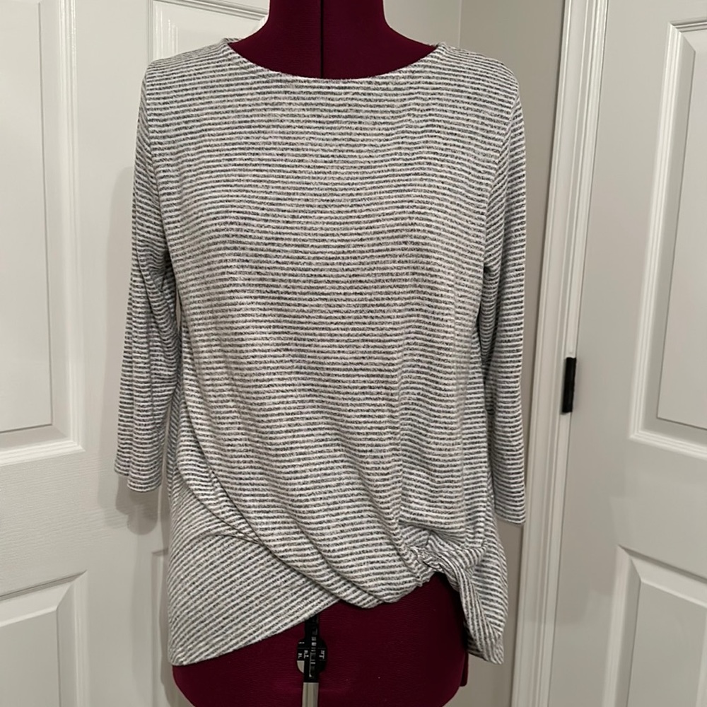Gibson Twist Front Cozy Pullover Grey White Stripe Small